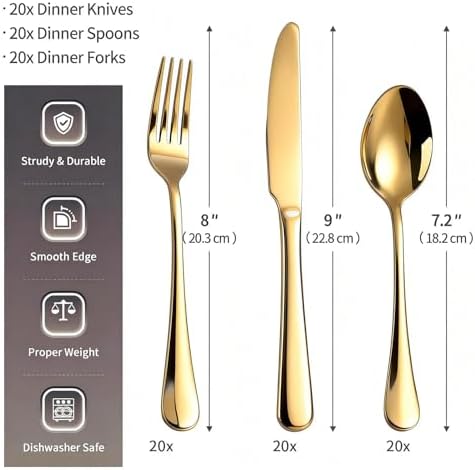 60 Piece Gold Silverware Set for 20, Stainless Steel Forks Spoons and Knives Set, Finish Gold Flatware, Dishwasher Safe for Family Picnics Daily Gatherings - Image 3