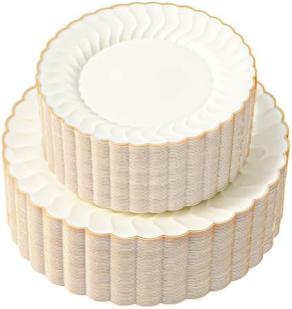 Lullaby 96PCS Ivory Scalloped Plastic Plate with Gold Rim for Party Wedding by LULLABY