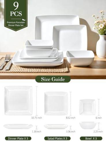 Ceramic Dinnerware Sets for 3, 9-Piece Square Plates and Bowls Sets - Image 5