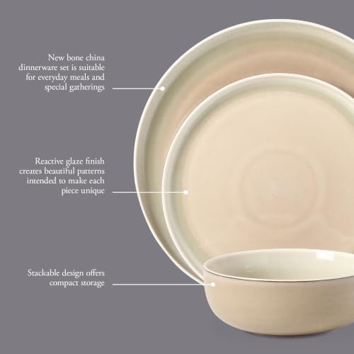 Gibson Elite Island Bay 12-Piece New Bone China Dinnerware Set Service for 4, Reactive Glaze Plates and Bowls, Dishwasher and Microwave Safe, Cream and Green - Image 3
