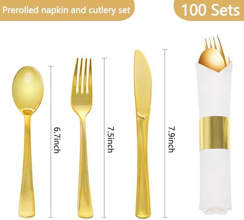 100 Pack Pre Rolled Gold Plastic Silverware Set with Napkins - Image 2