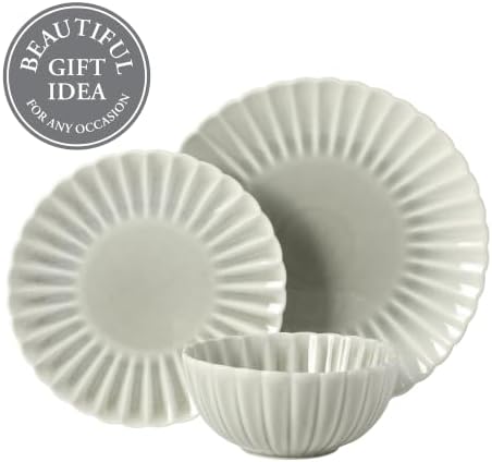 Gibson Elite Peach Orchard 12-Piece New Bone China Dinnerware Set Service for 4, Embossed Fluted Plates and Bowls, Dishwasher and Microwave Safe, Sage Green - Image 4