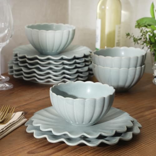 Gibson Elite Bistro Fleur Plates and Bowls Sets, 12-Piece Stoneware Dinnerware Set for 4, Sage Blue Scalloped Dish Set with Dinner Plates, Salad Plates & Bowls - Image 5