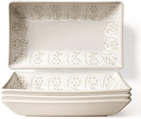 Artena Appetizer Plates Set of 4, 8.25" Embossed Ceramic Rectangular Dessert Plates, Deep Lipped Edges, Microwave & Dishwasher Safe, Salad Sushi Snack Serving Plates (White, Pinwheel Flower) by Artena