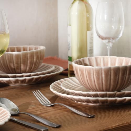 Gibson Elite Peach Orchard 12-Piece New Bone China Dinnerware Set Service for 4, Embossed Fluted Plates and Bowls, Dishwasher and Microwave Safe, Mauve Rose - Image 5