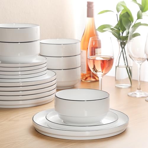 Gibson Home Rothernberg Plates and Bowls 18 Piece Porcelain White Dinnerware Set W/Black Rim | Stackable Dishes | Microwave & Dishwasher Safe - Image 3