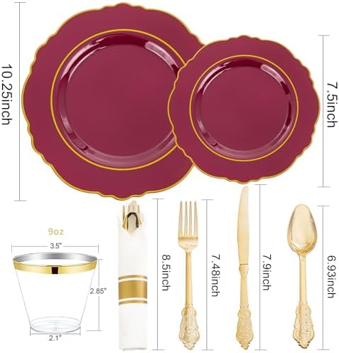 Liacere 175PCS Red Plastic Plates - Disposable Burgundy Red and Gold - 25guest Baroque Plastic Dinnerware include 50Plates, 25Pack Pre Rolled Napkins with Silverware 25Cups for Party & Halloween - Image 4