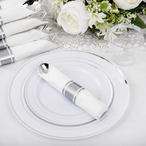 WELLIFE 210 Piece Silver Plastic Dinnerware Set for 30 Guests, Include: 30 Dinner Plates, 30 Dessert Plates, 30 Pre Rolled Napkins with Silverware and 30 Silver Cups - Image 3