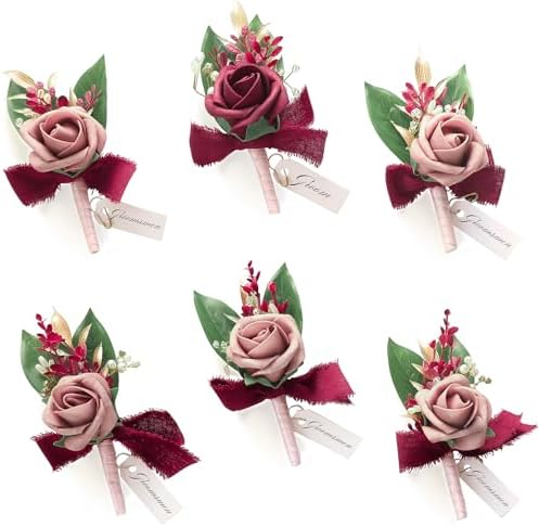 Floroom Set of 6 Dusty Rose & Burgundy Foam Rose Boutonnieres with Pins for Men Wedding for Groom Groomsmen Wedding Ceremonies Anniversaries Formal Dinners Parties Proms by Floroom