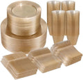 BESTVIP 600PCS Gold Glitter Dinnerware Set for 100 Guests, Plastic Plates by Bestvip