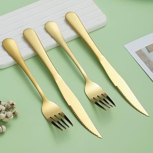 Evanda Gold Steak Knives Set 12 Piece, Gold Titanium Plating Stainless Steel 6 Dinner Forks and 6 Dinner Knives Set, Steak Knives Steak Forks, Dishwasher Safe - Image 7