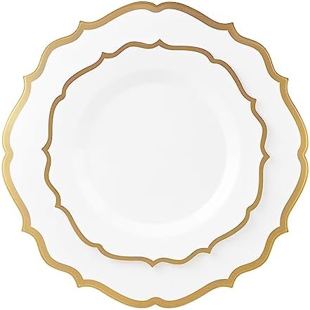 PLASTICPRO 64 Pack Elegant Disposable Plastic Plates Combo Set Includes 32 Dinner Plates and 32 Salad Plates Heavy Duty Fancy Party Plates White & Gold Contemporary Design - Image 4