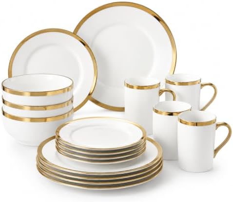 White and Gold Dinnerware Set for 4, 16-Piece Porcelain by Loymokinar