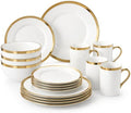 White and Gold Dinnerware Set for 4, 16-Piece Porcelain by Loymokinar