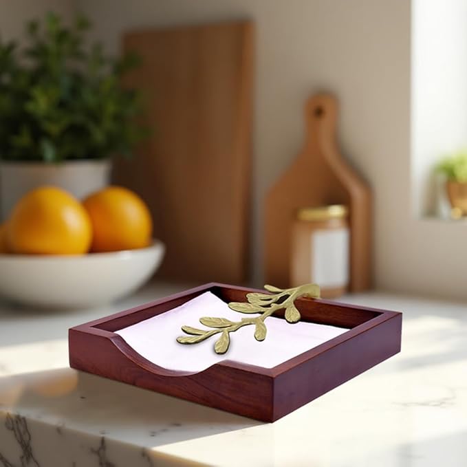 Napkin Holder - Solid Wood Brown Finish Home Decor & Kitchen Decor Table Countertop Serviette & Tissue Holder with Metal Ornament Arm in Silver Gold Finish - Indoor and Outdoor Use - Leaves Design
