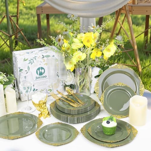 125PCS Sage Green and Gold Plastic Plates for Wedding and Party - Image 2