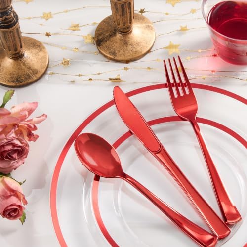 realluck 350 PCS Clear Red Plastic Dinnerware Set for 50 Guests, 100 Disposable Plates for Party, 50 Pre Rolled Napkins with Red Silverware, 50 Cups for Graduation - Image 4