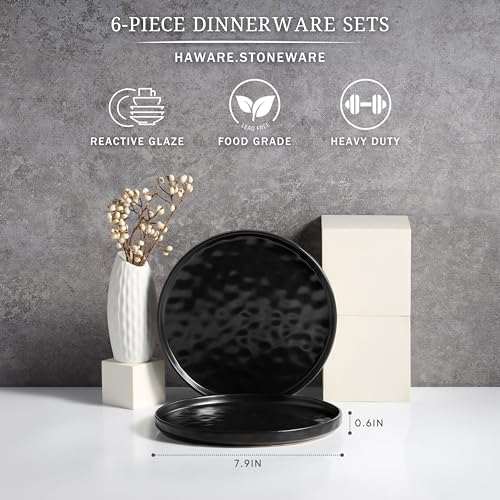 HaWare Stoneware Plates Set of 6, 7.9" Salad Plates, Reactive Glaze Ripple Ceramic Dish Set for Appetizer, Dessert, Scratch Resistant, Small Dinner Plate, Microwave and Dishwasher Safe, Matte Black - Image 2