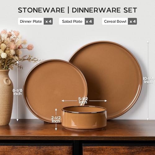 Onader Stoneware Dinnerware Sets for 4, Plates and Bowls with Unglazed Terracotta Bottom, Elegant Kitchen Ceramic Dish Dishware Set, Reactive Glaze 12 Piece - Earthy Umber - Image 2