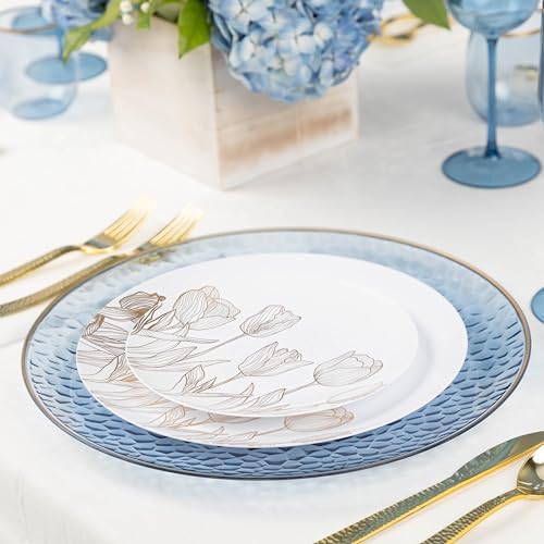 PLASTICPRO 64 Pack Elegant Disposable Plastic Plates Combo Set Includes 32 Dinner Plates and 32 Salad Plates Heavy Duty Fancy Party Plates White & gold Tulip Design - Image 3