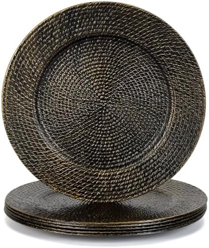 13" Black Round Charger Plates Set of 6, Plastic Rattan Chargers for Dinner Plate, Festival Tabletop Decor Table Setting Centerpiece Bulk Event, Party by Kazozobi