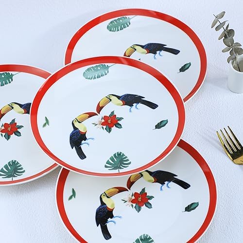 Colias Wing 8 Inch Flower Bird Pattern Stylish Design Ceramic Salad/Pasta/Fruit/Appetizer/Dessert Dishes Holiday Plates Christmas Dinner Plates-Set of 4-Toucan - Image 3