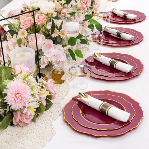 Liacere 175PCS Red Plastic Plates - Disposable Burgundy Red and Gold - 25guest Baroque Plastic Dinnerware include 50Plates, 25Pack Pre Rolled Napkins with Silverware 25Cups for Party & Halloween - Image 2