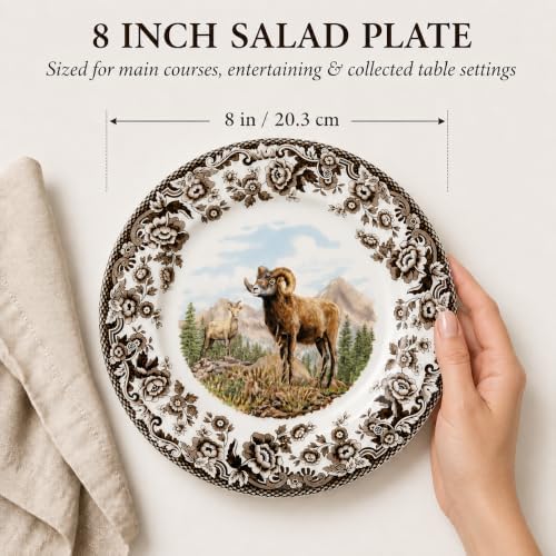 Spode Woodland Bighorn Sheep Salad Plate - 8" Fine Earthenware, British Flowers Border, Rustic Game Animal Design Made in England - Microwave, Oven, Freezer, Dishwasher Safe for Holiday Dining - Image 3