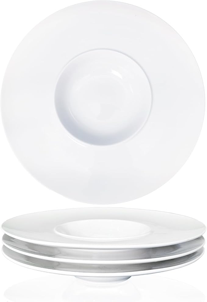 Ceramics Rimmed Soup Bowls 8.6 oz, White 11 inch Exquisite small soup plate Set of 4, Pasta plates With Rim is the best choice for hotels, kitchens, fine restaurants and gourmets