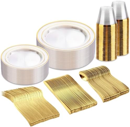 bUCLA 150Pcs Clear Gold Plastic Dinnerware Set - Clear and Gold Disposable Plates Include 25 Dinner / 25 Dessert Plates,25 Knives,25 Forks,25 Spoons,25 Cups for Party by BUCLA