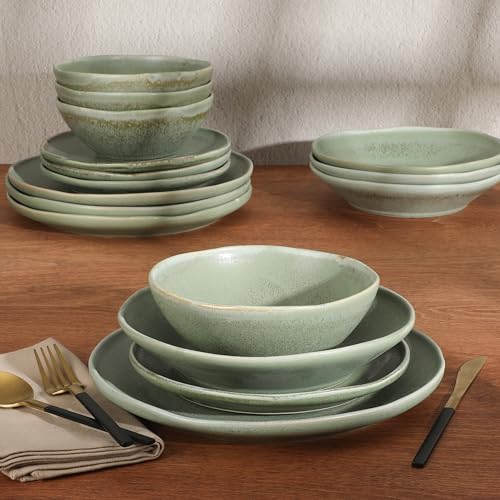 Gibson Elite Island Cove 16 Piece (Service for 4) Plates and Bowls Reactive Glaze Organic Round Dishes Stoneware Ceramic Dinnerware Set -Green - Image 2
