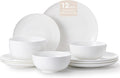 KINGSTONE 12-Piece Bone China Dinnerware Set for 4, Lightweight and Durable, Microwave and Dishwasher Safe, White Plates and Bowls for Everyday Use