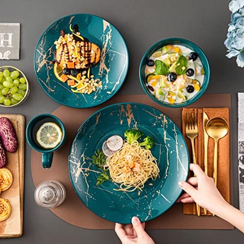 LOVECASA Porcelain Dinnerware Sets for 4, 16 PCS Plates and Bowls Set, Color Glaze with Gold Plate Dish Set, Dinner Sets with Dinner Plates, Dessert Plate, Bowls and Mugs, Dark Green - Image 6