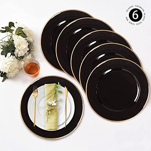 MAONAME Black Charger Plates Set of 6, Plastic Plate Chargers with Gold Rim - Image 3