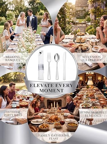 Supernal 240 Pre Rolled Silver Plastic Silverware with Napkins 60 Sets - Image 5