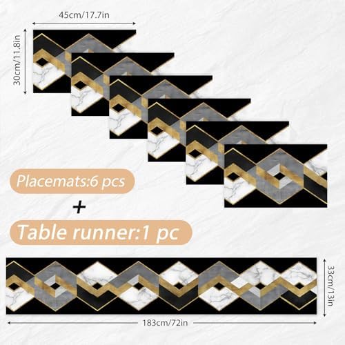 ANNA QUEEN Modern Black and Gold Marble Table Runner and Placemats Set of 6, 13"x72" Table Runner with 12"x18" Placemats, Geometric Luxury Dining Table Decor for 4 to 6 People - Image 2