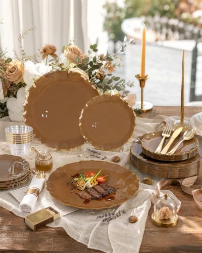 bUCLA 175PCS Brown Plastic Plates - 25 Guests Gold Rim Disposable for Party - Image 3