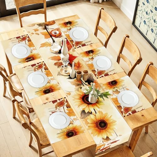 ANNA QUEEN Sunflower Fall Table Runner and Placemats Set of 6, 13"x72" Table Runner with 12"x18" Placemats, Autumn Sunflower Table Set for Thanksgiving, Kitchen, Farmhouse Decor by ANNAQUEEN