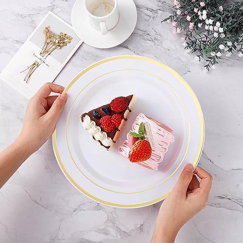 BESTVIP 200PCS Gold Plastic Plate, Disposable Party Plates with 100 Dinner Plates and 100 Dessert Plates, Plastic Plates for Party, Wedding and Birthday (Pack of 2) - Image 3