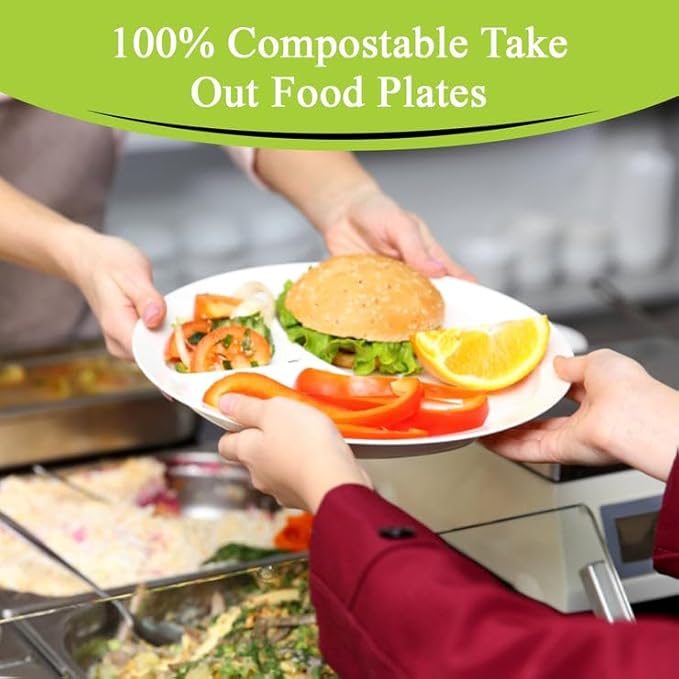 three leaf 9" 3 COMPARTMENT BAGASSE ROUND PLATE, 18,000 Ct. (36 cases x 500 plates) Heavy-Duty- Super Strong- Natural- Eco-Friendly Disposable Bagasse Plates