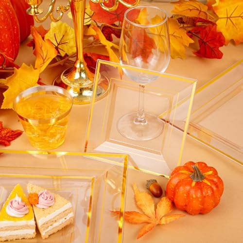 Festiva 350Pcs Clear Plastic Plates with Gold rim - Clear Gold Disposable Dinnerware for 50 Guests include Square Plastic Plates/Cups/Cutlery/Napkins Perfect for Birthday Party&Wedding - Image 5