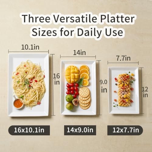 MIECOO Large Serving Platters, 16/14/12 Inch White Serving Trays Set, Rectangular Porcelain Plates for Party, Wedding, Birthday, Entertaining, Food, Appetizer, Fruit, Sushi, Dessert, Set of 3 - Image 2