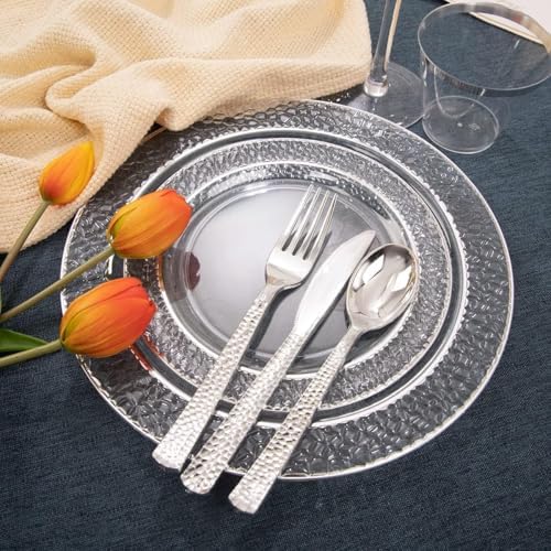Ciaell 150PCS Clear Silver Plastic Plates - Silver Disposable Plates include 25Dinner Plate, 25Dessert Plate, 25Forks, 25Knives, 25Spoons, 25Cups for Weddings & Parties (Pack of 2) - Image 2