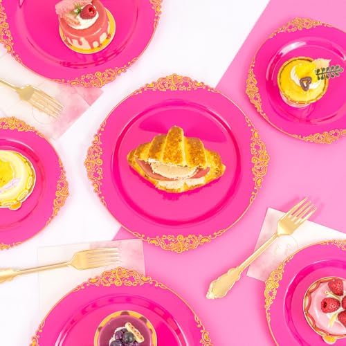 125PCS Hot Pink Plastic Plates for Wedding Party Birthday - Image 4