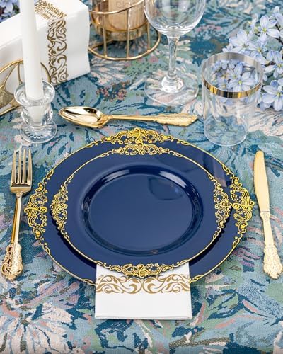 Nervure 175Pcs Blue Plastic Plates, Disposable Dinnerware Set for 25 Guests - Image 2