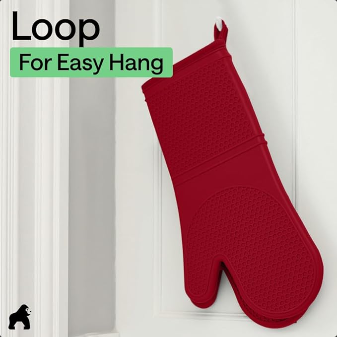 GORILLA GRIP BPA-Free Soft Silicone Oven Mitts, Heat Resistant and Waterproof Cooking Gloves, Thick Cotton Lining, Flexible Gripping Kitchen Potholders Set of 2, Christmas Kitchen Decor, 12.5x8.3, Red