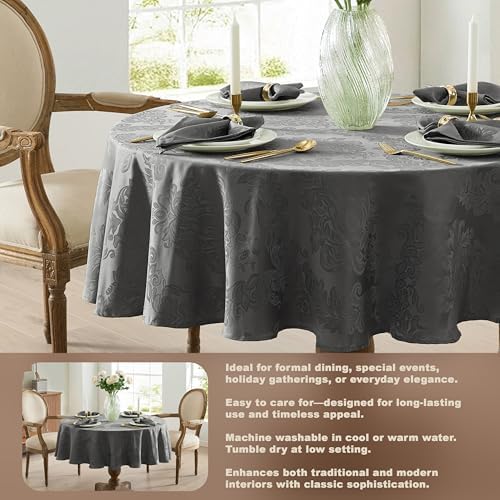 Newbridge Barcelona Damask Fabric Tablecloth, 70 Inch Round, Grey – No Iron, Soil Resistant Table Cover for Dining, Parties and Holidays - Image 4