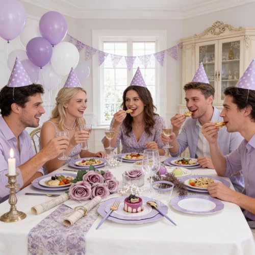 WDF 60pcs Purple Plates with Gold Rim - Baroque Light Purple Plastic Plates - Image 6