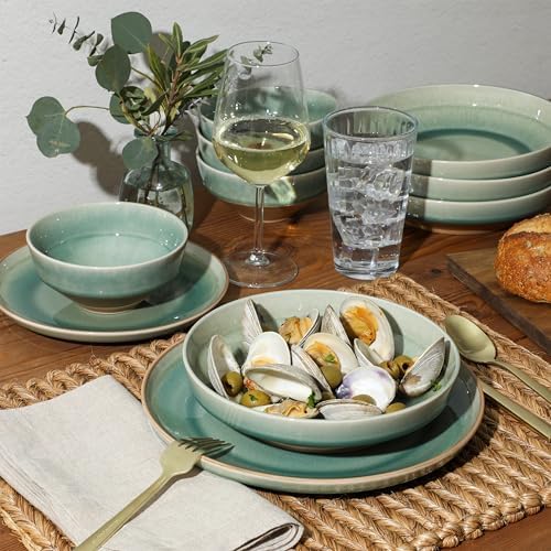 Gibson Elite Hailstone 16 Piece Stoneware Reactive Glaze (Service for 4) Ceramic Plates and Bowls Dinnerware Set - Tropical Green - Image 2