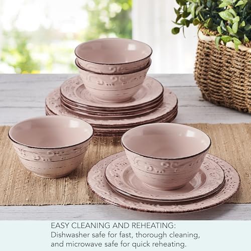 Pfaltzgraff Pink Trellis 12-Piece Dinnerware Set, Stoneware Plates and Bowls Sets for 4, Dishwasher and Microwave Safe, Rustic Garden-Inspired Design - Image 5
